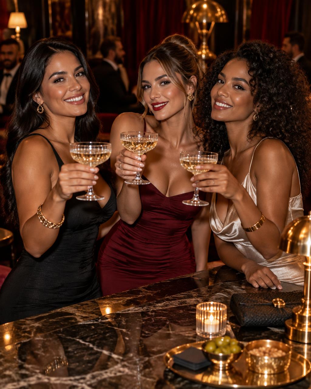 Três mulheres adultas brindando em um bar elegante