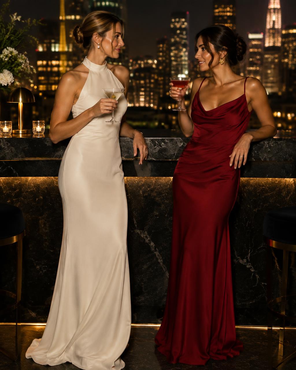 Duas mulheres adultas conversando e brindando em um bar noturno